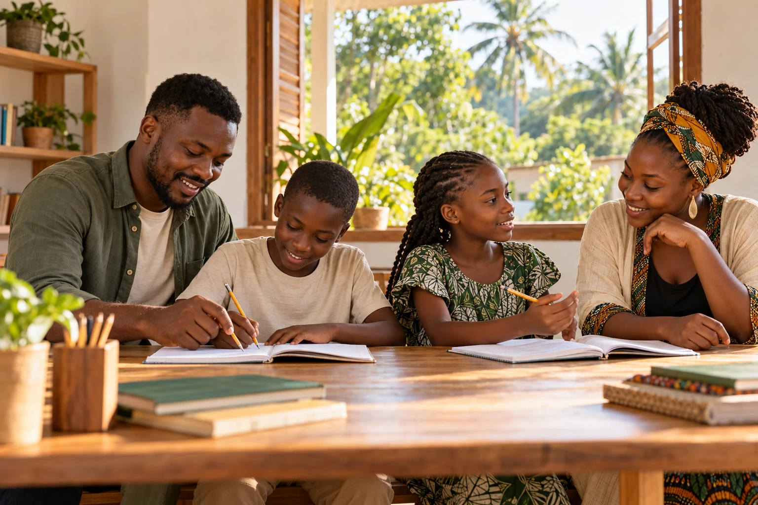 Illustrative photograph of community mentors supporting children with learning materials.