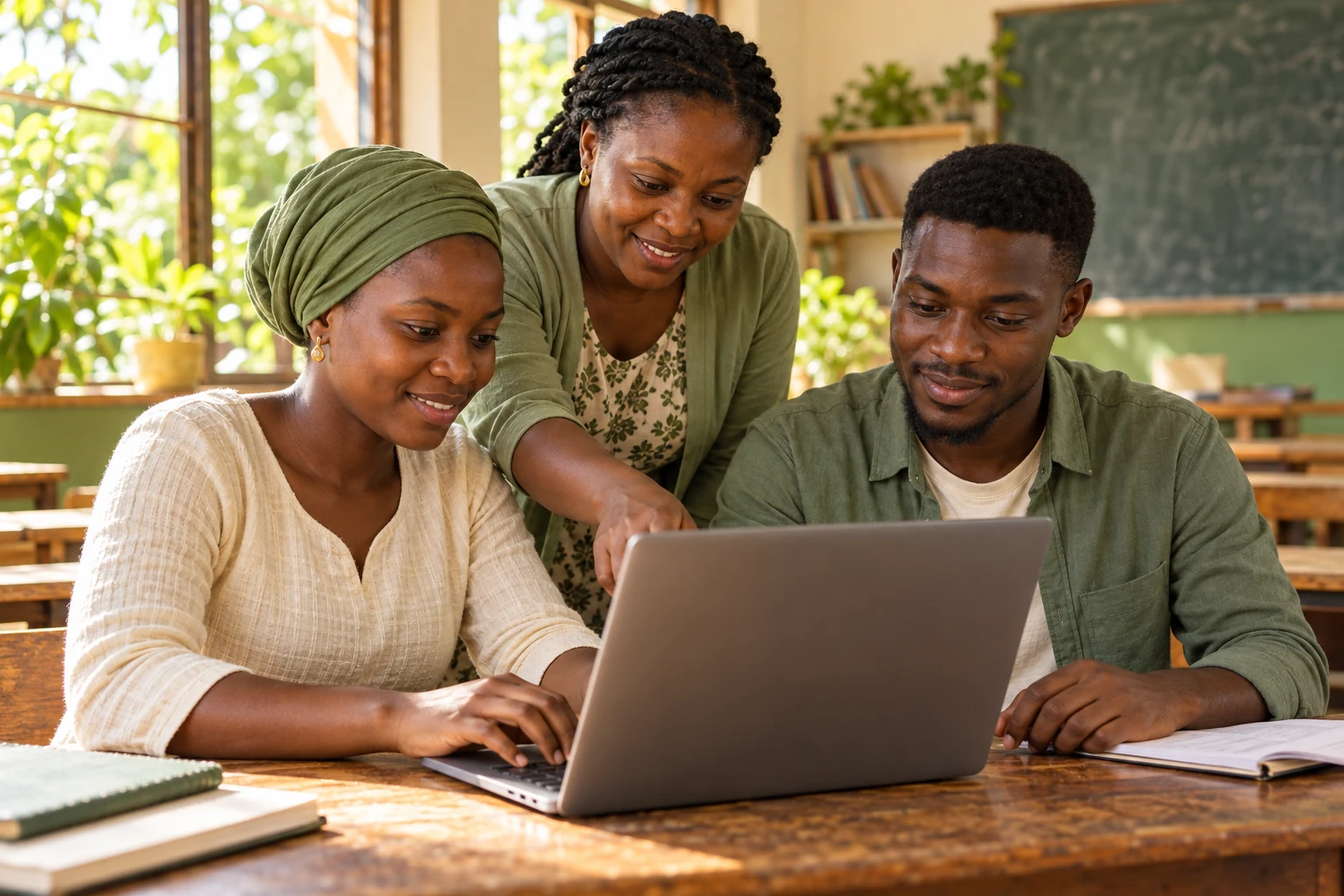 Illustrative photograph of adult learners and an instructor working together at a laptop.
