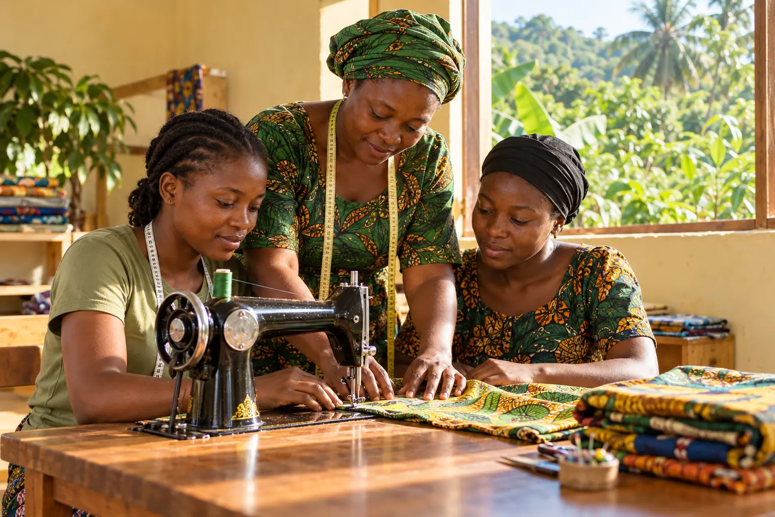 Illustrative photograph of a woman mentor helping two adult women develop sewing skills.